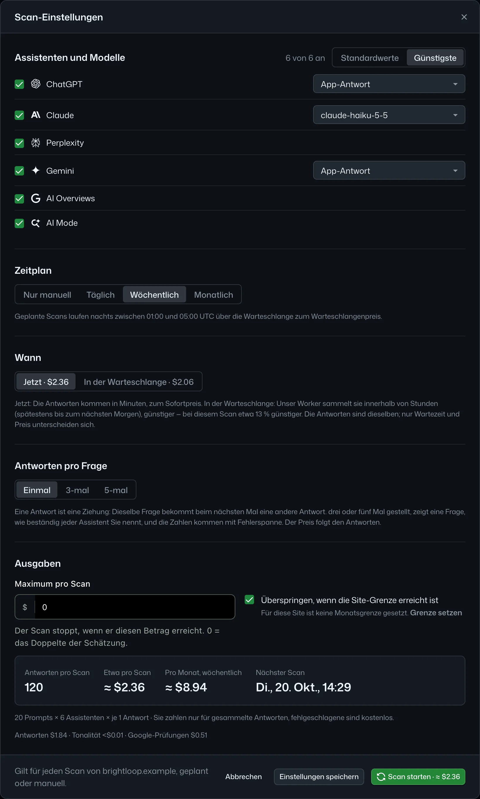 Scan-Einstellungen: Assistenten mit Modellen und Preis pro Antwort, Antworten pro Frage, sofort oder Warteschlange, Zeitplan und Limits