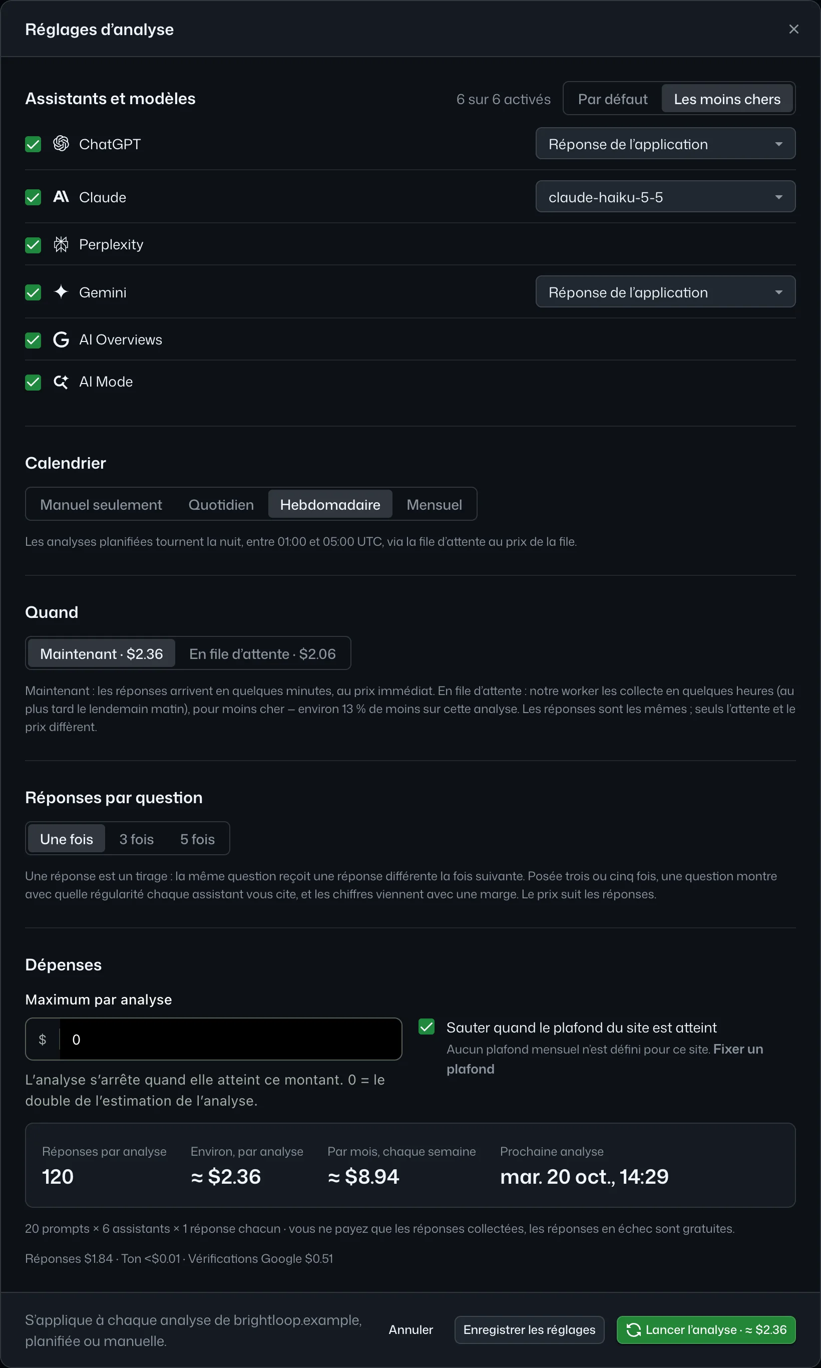 Réglages d’analyse : assistants avec leurs modèles et le prix d’une réponse, réponses par question, tout de suite ou en file, calendrier et limites