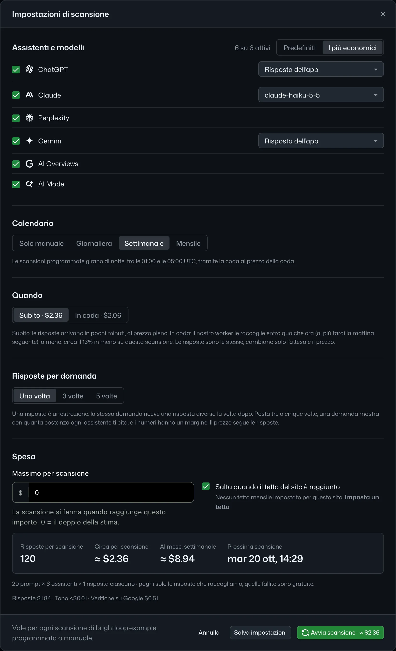 Impostazioni di scansione: assistenti con i loro modelli e il prezzo di una risposta, risposte per domanda, subito o in coda, calendario e limiti
